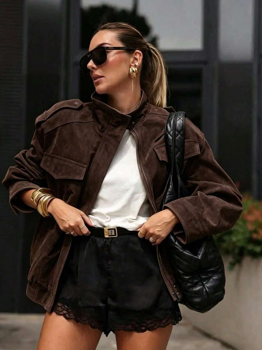 SS-Sunrise Fashion Women's Brown Flocked Fabric Long Sleeve High Neck Jacket With Zipper And Button Details, Regular Length, Autumn Essential - Coffee Brown - View 1