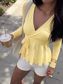 Elegant Fashion Cross V-Neck Waist Tie Design Women's Long Sleeve Top, Autumn/Winter New Style, Suitable For Daily Commute Wear - Yellow - View 6