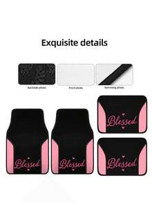 4Pcs Polyester Car Floor Mats, Pink And Black Two-Tone Design Auto Carpets, Warm Letter Pattern Wear-Resistant Interior Accessories For Most Cars - A - View 3