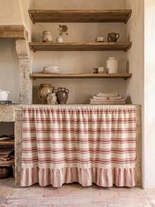 1/2pcs Beige With Red Horizontal Stripes Sink Skirt, Rustic Country Style Fabric Material, Rectangular Top With Gathered Pleats And Bottom Ruffle Details, Storage Concealment And Decorative Function, Kitchen Sink Curtain Suitable For Kitchen Sink Concealment And Rustic Home Decor Scenes - Red - View 4