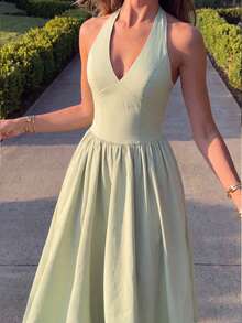 Women's Solid Color Halter Neck Ruched A-Line Back Tie Sexy Elegant Elegant Fashion Vacation Dress - Green - View 3