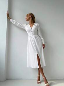 Vestido elegante para mujer con cuello en V, mangas largas abullonadas, cintura alta ceñida con decoración de botones, bajo tipo paraguas, vestido midi de estilo suave para ir al trabajo y citas - Beis - Ver 3