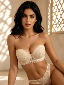 Temptuelle Peach Girl Khaki Sexy Lace Trim Lingerie Bra For Women, Underwire, Push-Up, Removable Strap, For Small Bust - View 2