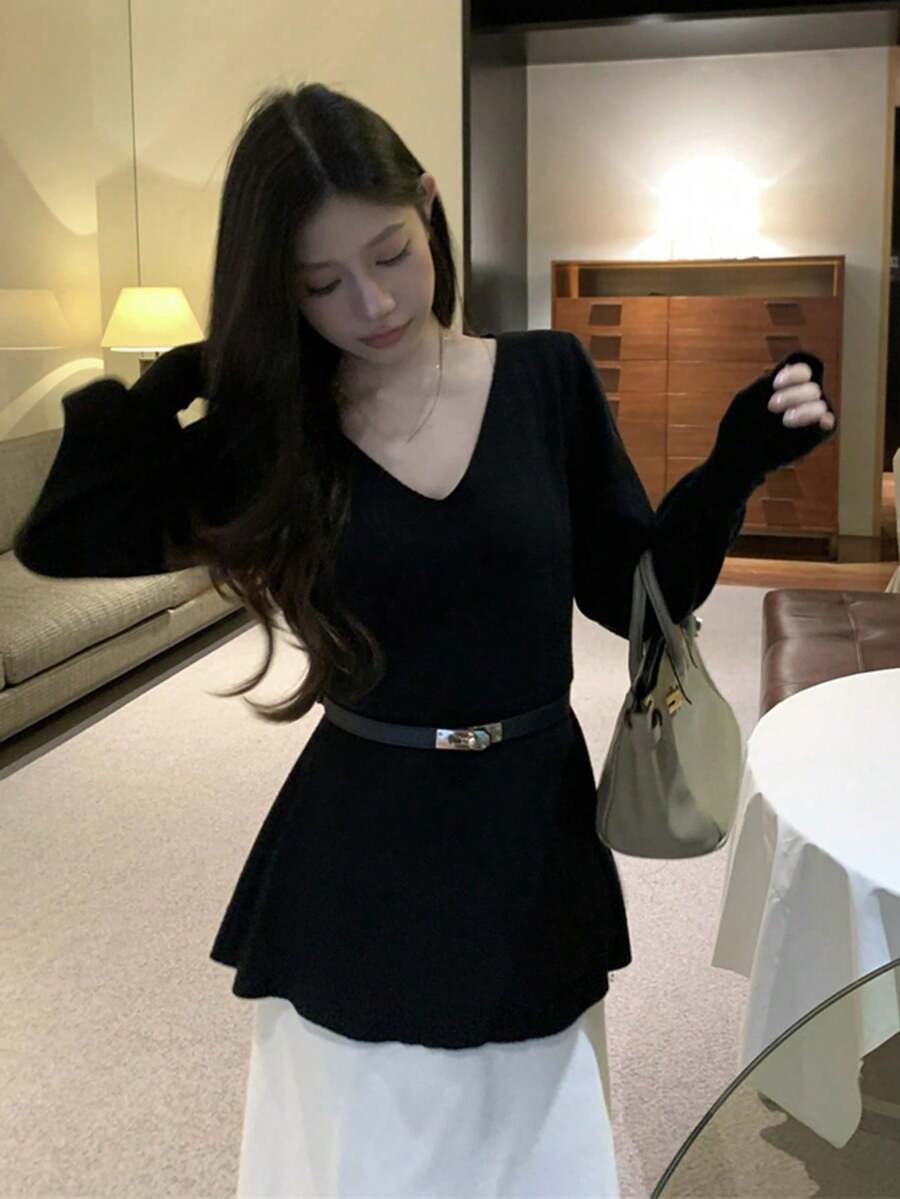 Slimming V-Neck Knitted Sweater, Autumn/Winter Base Layer Top - Black - View 1