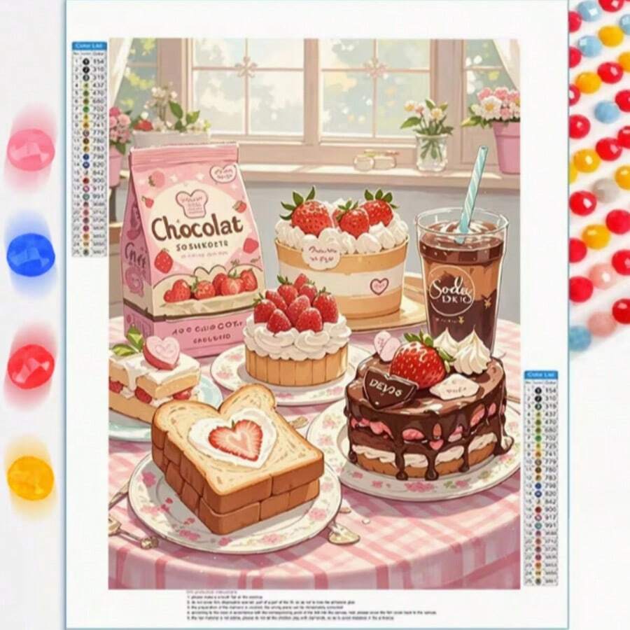 5D DIY Diamond Painting, Frameless Design, Strawberry Cake Dessert Theme Pattern. Suitable For Beginners And Craft Enthusiasts, Ideal Choice For Living Room Decoration