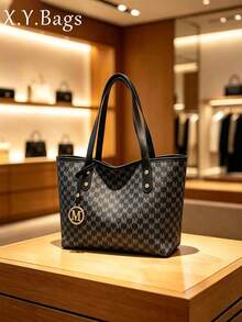 Women's Shoulder Tote Bag, All-Over M Letter Pattern, Durable Composite Fabric, Large Capacity, Campus Bag, Suitable For University Campus - Black - View 2