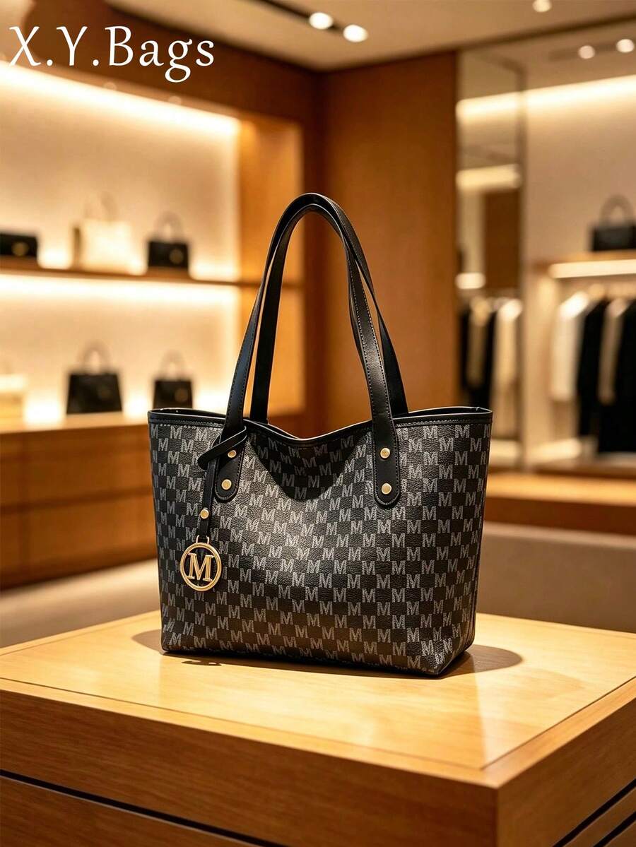 Women's Shoulder Tote Bag, All-Over M Letter Pattern, Durable Composite Fabric, Large Capacity, Campus Bag, Suitable For University Campus