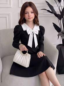 Tween Girls Autumn Black & White Color Block Bow Elegant Commute Street Party Evening Cute Long Sleeve Dress - Black - View 2