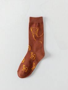 Men's Vintage Desert Camel Jacquard Mid-Calf Socks, Ins Style Versatile Casual Long Socks, Breathable Soft Comfortable Socks, Suitable For Daily Wear - Multicolor - View 15