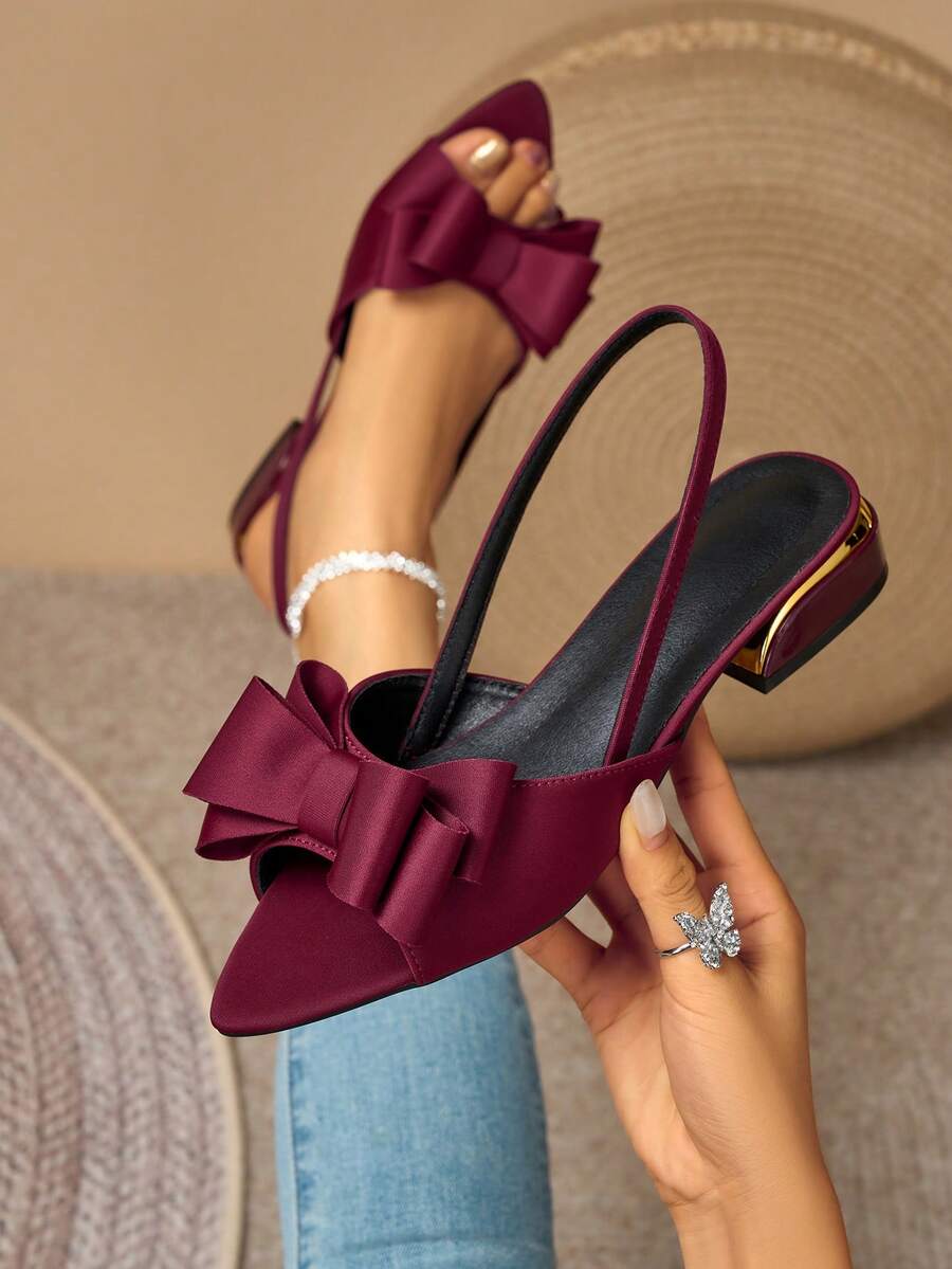 Women's Flat Ballet Shoes With Bow, Solid Color, Elegant Fashion Commute Basic Style, Preppy College Applique Bow, Suitable For All Seasons, Office - Burgundy - View 1