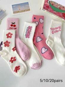 30/20/10/5 Pairs Pink Cute Flower Heart Letter Casual Mid-Calf Socks, Simple Versatile Ins Women's Socks, Suitable For Daily, Outdoor Wear With Canvas Shoes, Sports Shoes - Multicolor - View 9