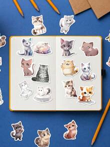 50Pcs Pale Hand‑Drawn Cat Journal Stickers, Low‑Saturation Watercolor Animal Patterns Of Lovely Kittens With Different Expressions And Gestures, Suitable For Scrapbook, Tumbler, Tablet, Suitcase, Pencil Box - Multicolor - View 5
