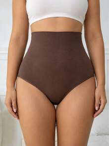 1pc Coffee Brown Plus Size High Waist Seamless Shapewear Panties, Wide Waistband Strong Tummy Control Butt Lifting Body Shaping Panties, 4-Way Stretch No-Trace Anti-Rolling Comfortable Non-Binding, Postpartum Recovery Back To School Commute Dress Jeans Invisible Base Layer Shaping Triangle Panties - Coffee Brown - View 5
