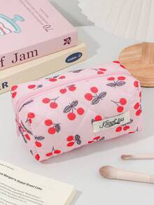 Cute Cherry Pattern Makeup Bag Large Capacity Quilted Makeup Bag Portable Handheld Toilet Bag Checkered Printing Inner Design Makeup Brush Storage - Multicolor - View 11