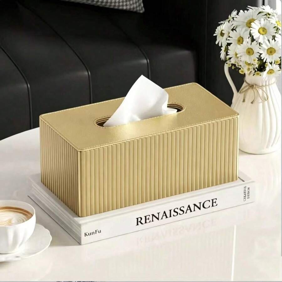 Gold Wooden Tissue Box Cover, Rectangular Style, Suitable For Car, Living Room, Bedroom And Bathroom. - Gold - View 1