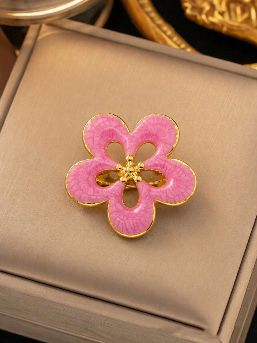 VceTd1PCS Fashionable Vacation Style Stainless Steel Brooch With Hollow Flower Decoration, Suitable For Women To Wear On Vacation Or At Parties - Golden - View 1