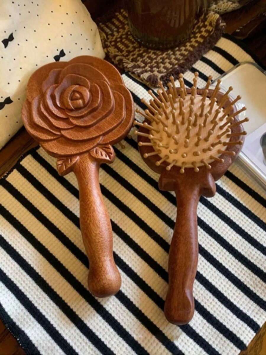 1pc Vintage Wooden Comb With 3D Carved Design + Handheld Makeup Mirror, Air Cushion Design, Comfortable Scalp Massage, Smooth Hair Styling, Dual Use For Home And Travel, Household Essential, Gift For Friends And Family - Brown - View 1