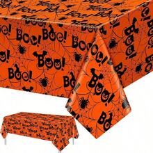 3 Packs/1-Pack Halloween Disposable Tablecloth 108x54, Cute Halloween Tablecloth | Rectangular Waterproof Plastic Tablecloth, Spider Web And Pumpkin Pattern, Party Table Protection - Orange - View 1