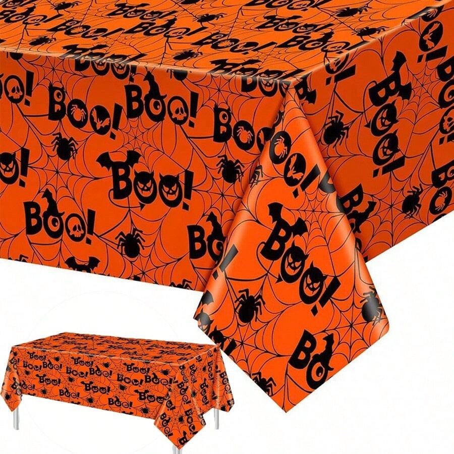 3 Packs/1-Pack Halloween Disposable Tablecloth 108x54, Cute Halloween Tablecloth | Rectangular Waterproof Plastic Tablecloth, Spider Web And Pumpkin Pattern, Party Table Protection - Orange - View 1