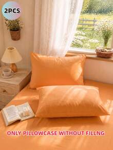 2pcs Orange Super Soft Solid Color Pillowcases, Lightweight And Breathable, Envelope Closure, Solid Color Bed Pillowcases, Suitable For Bedroom, Dorm, Back To School Season And Other Occasions. - Orange - View 2
