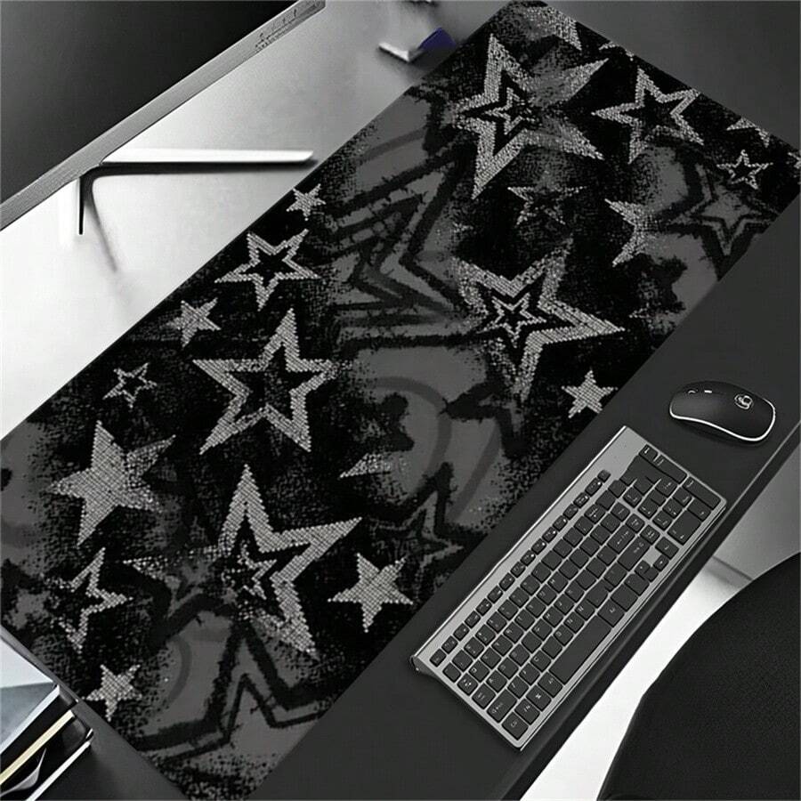 1pc INS Style Black And Gray Stars Art Mouse Pad, Cool Desktop Decor Mat, Thick Non-Slip Office & Gaming Keyboard Pad - View 1