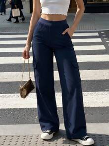 VIVINA Women's Solid Color Cargo Pocket Casual Straight Leg Pants, Navy Blue Versatile Long Pants, Autumn Long Pants - Navy Blue - View 1