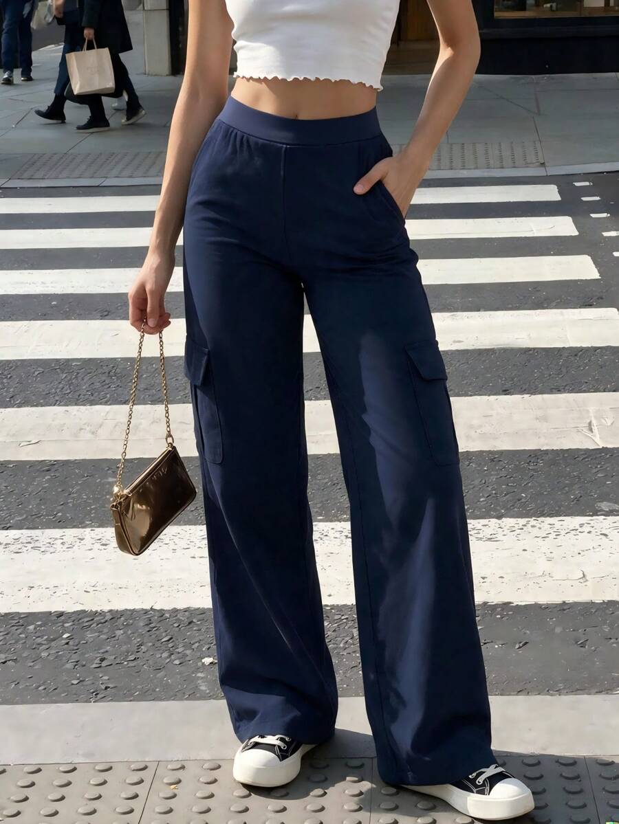 VIVINA Women's Solid Color Cargo Pocket Casual Straight Leg Pants, Navy Blue Versatile Long Pants, Autumn Long Pants - Navy Blue - View 1