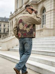 Men's Vintage Oil Painting Floral Back Print Coach Jacket, Turn-Down Collar Full Zip Elastic Cuff Loose Fit Streetwear Jacket, Suitable For Spring And Autumn Daily Wear - Khaki - View 3