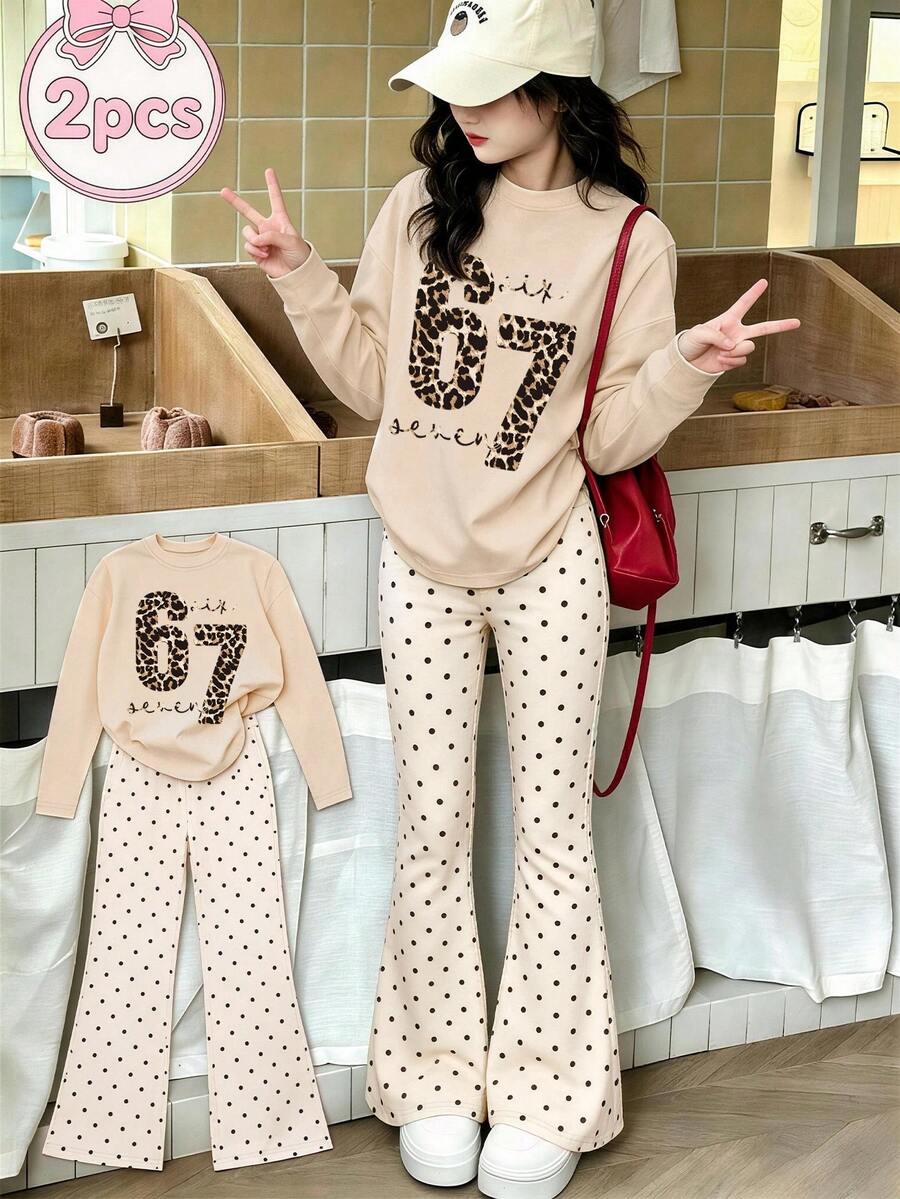This 2 Pieces Set For Older Girls And Teenagers Includes An Apricot Long-Sleeve Top And A Pair Of All-Over Polka Dot Flared Pants; Featuring A Creative Design With Leopard Print Letter 67 Pattern, The Overall Style Is Simple And Casual - Apricot - View 1