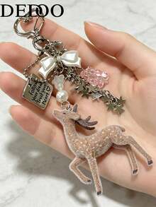 Dedoo Deer-Shaped Keychain Pendant, Lace Pearl Bow Bag Charm, Korean Sweet Clover Backpack Hanging Chain, Y2K Girly Style Gift - Multicolor - View 8