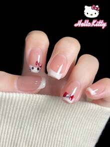 Sanrio Hello Kitty 24片正方形美甲貼片式假指甲，法式指尖設計，附可愛Hello Kitty、蝴蝶結與水鑽圖案，完美貼合假指甲套組，含1片果凍膠與1個指甲锉，適合女性女孩日常、派對與聚會使用 - 彩色 - 查看 1
