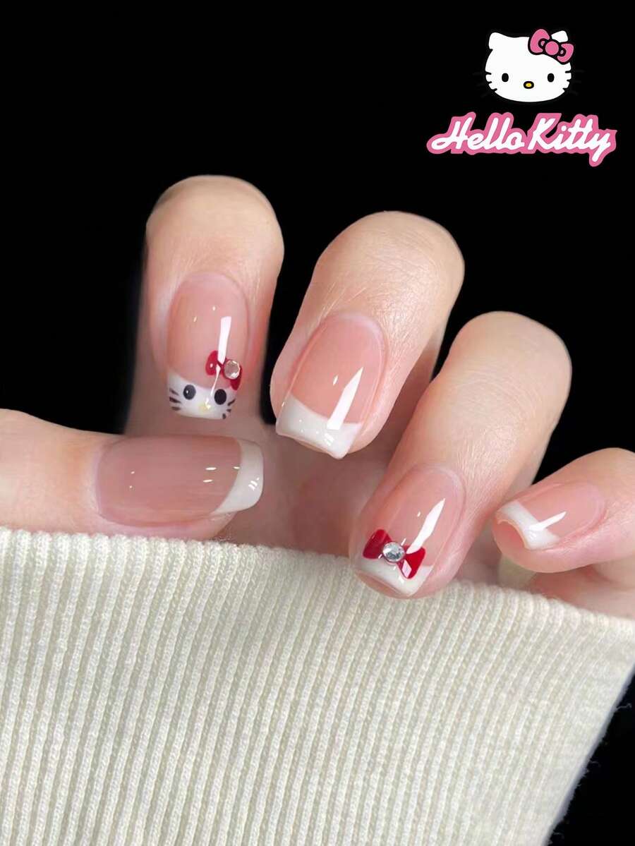 Sanrio Hello Kitty 24片正方形美甲貼片式假指甲,法式指尖設計,附可愛Hello Kitty、蝴蝶結與水鑽圖案,完美貼合假指甲套組,含1片果凍膠與1個指甲锉,適合女性女孩日常、派對與聚會使用 - 彩色 - 查看 1