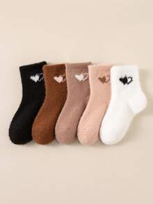 5 Packs Of Children's Plush Warm Mid-Calf Socks, Earth-Toned Heart Pattern, Soft And Comfortable, Warm Children's Casual Home Socks For Winter. - Multicolor - View 4