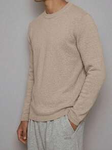 Men's Khaki Soft Thermal Lined Vertical Striped Long Sleeve Top, Loose Fit Drop Shoulder Warm Crew Neck Casual Base Layer - Khaki - View 3