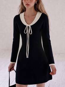 Women's Knitted Mini Sweater Dress, Contrast Color Collar And Drawstring Design, Long Sleeve Slim Fit Autumn/Winter Casual Style - Black - View 6