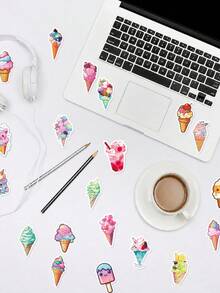 50Pcs Colorful Ice Cream Journal Stickers, Lovely Summer Dessert Cartoon Patterns Of Fruit‑Decorated Cones And Rainbow Sundaes, Suitable For Scrapbook, Tumbler, Tablet, Suitcase, Pencil Box - Multicolor - View 3