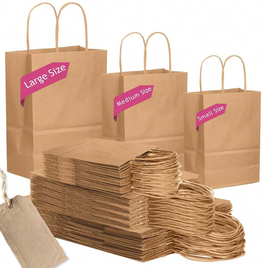 50pcs Kraft Paper Gift Bags With Handles, Handheld Party Favor Bags, Suitable For Weddings, Birthdays, Christenings, Gender Reveals, Engagements, Graduations, Housewarmings And Other Occasions, Multi-Functional Retail And Shopping Packaging Bags, 10/50/100pc - View 1