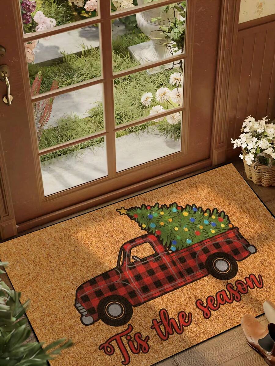 1pc Funny Christmas Truck & Christmas Tree Print Welcome Door Mat, Holiday Atmosphere Decor For Patio, Winter Outdoor Garden Welcome Mat, Home Decor - Mustard Yellow - View 1