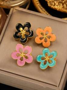 VceTd1PCS Fashionable Vacation Style Stainless Steel Brooch With Hollow Flower Decoration, Suitable For Women To Wear On Vacation Or At Parties - Golden - View 5