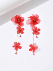 1 Pair Women's Elegant Floral Fabric Long Earrings, Suitable For Daily Wear - Red - View 4