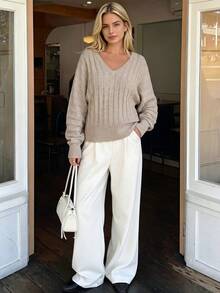 Women Autumn Deep V Neck Ribbed Knit Sweater Batwing Sleeve Khaki Loose Tops Fashion Daily Holiday Outfits Fall Clothes Women Fall Outfits - Camel - View 1