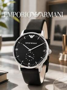 Armani Men's Minimalist Quartz Watch, Silver Steel Case, Pure Black Dial, Small Seconds Dial, Smooth Leather Strap, Suitable As Birthday Gift For Husband - one-size - View 1