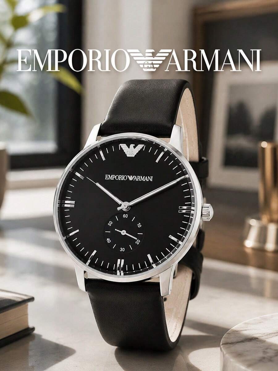 Armani Men's Minimalist Quartz Watch, Silver Steel Case, Pure Black Dial, Small Seconds Dial, Smooth Leather Strap, Suitable As Birthday Gift For Husband - one-size - View 1