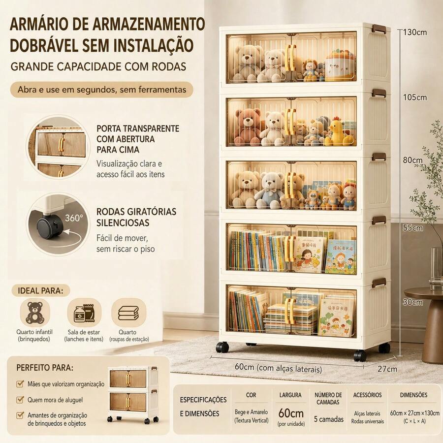 Armário Organizador Dobrável de Plástico 5 Camadas Largura 60.5cm com Rodízios Giratórios 360°, Gabinete Multiuso com Portas Duplas Transparentes de 4 Divisões, Armazenamento para Roupas, Brinquedos, Mantimentos  C