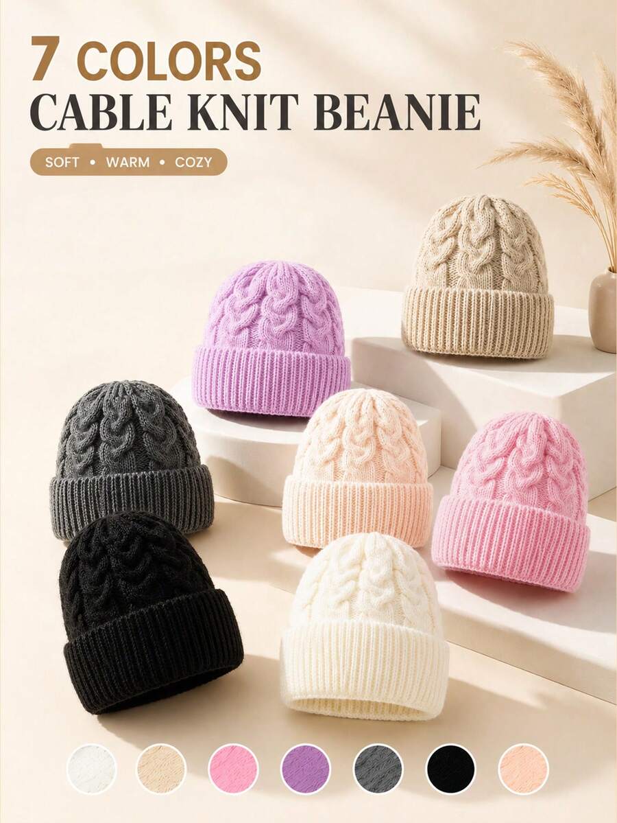 1PC Children's Solid Color Cable Knit Folded Beanie, 3 Size Options, Winter Hat For Kids, Suitable For Autumn/Winter Casual Home Wear, Daily Commute, Clothing Accessory - Multicolor - View 1