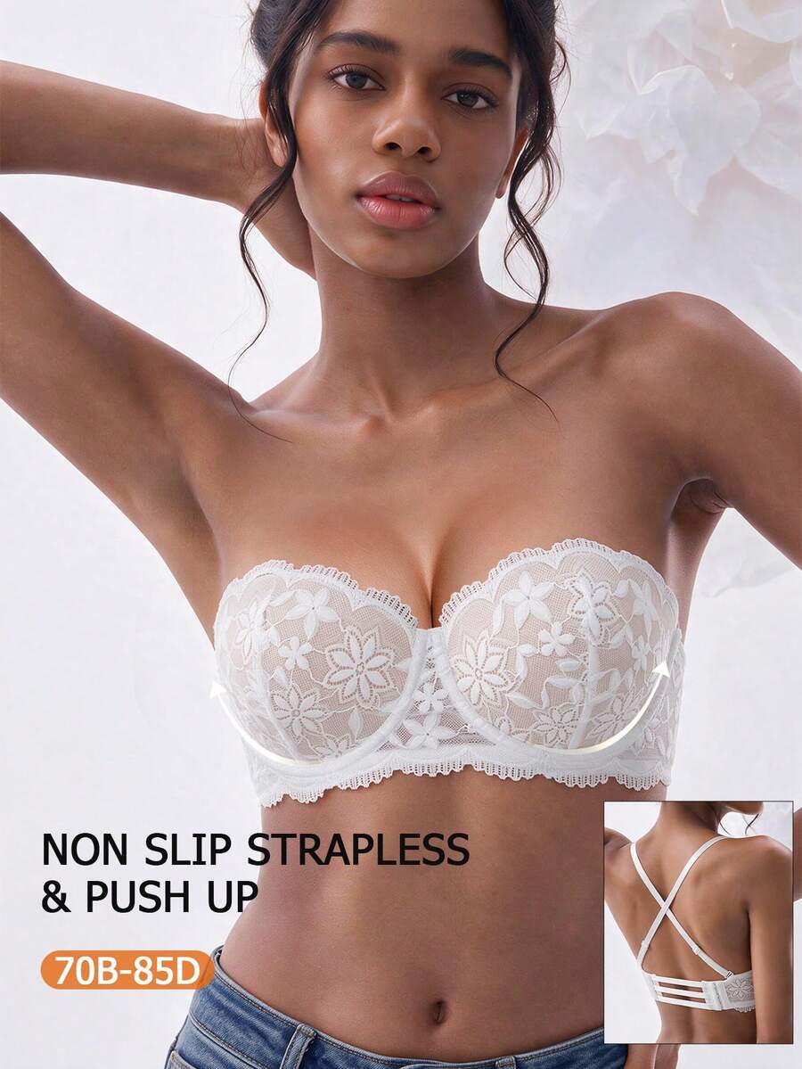 1pc Strapless Push-Up Lace Thickened Convertible Multi-Way Underwire Bra, Can Increase 1 Cup Size, Multiple Wearing Styles