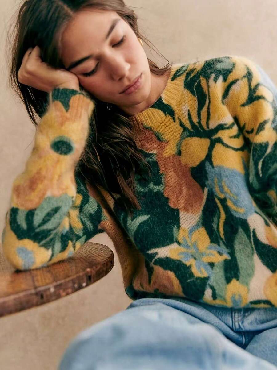 French Style Fresh Elegant Floral Print Round Neck Pullover Sweater Knit Top For Women - Flower - View 1