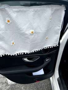 Cute Daisy Car Window Shade, Waffle Weave Sunshade Curtain With Pom Poms, Baby UV Protection Heat Insulation Cover, Easy Install Auto Side Window Blind - A - View 9