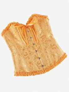 束胸上衣 罩胸式 Bustier 經典緹花 無肩帶 心形領 荷葉邊飾 腰部塑身衣 復古宮廷風 收腹束腰 萬聖節服裝 - 金色 - 查看 3