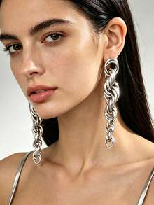 Heavy Metal Punk Style Silver Thick Twisted Chain Long Earrings With Interlocking Rings And Dangle Street Style Hot Girl Gold Accessories - Silver - View 12
